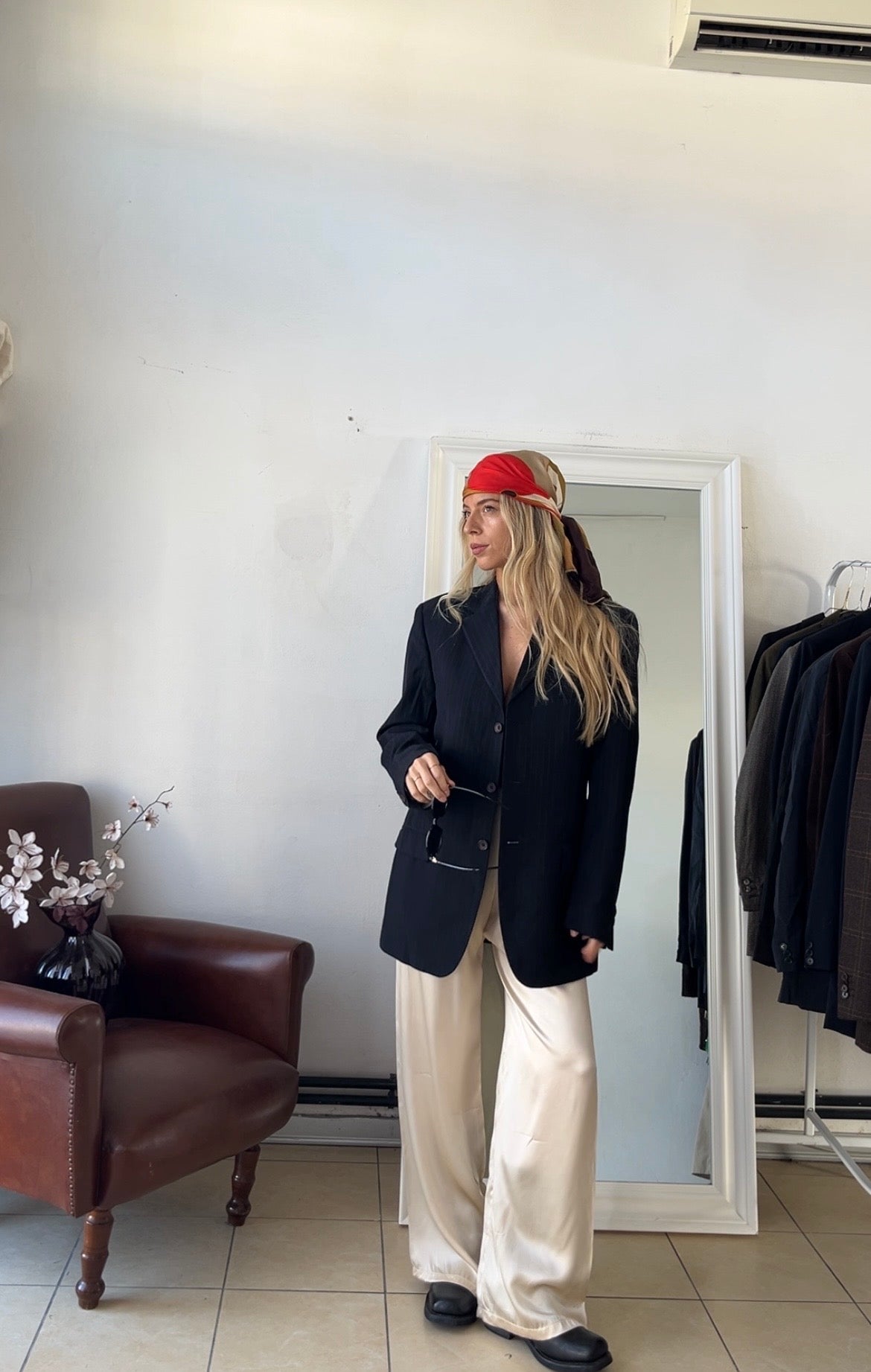 Blazer 100% lana oversize blu scuro gessato