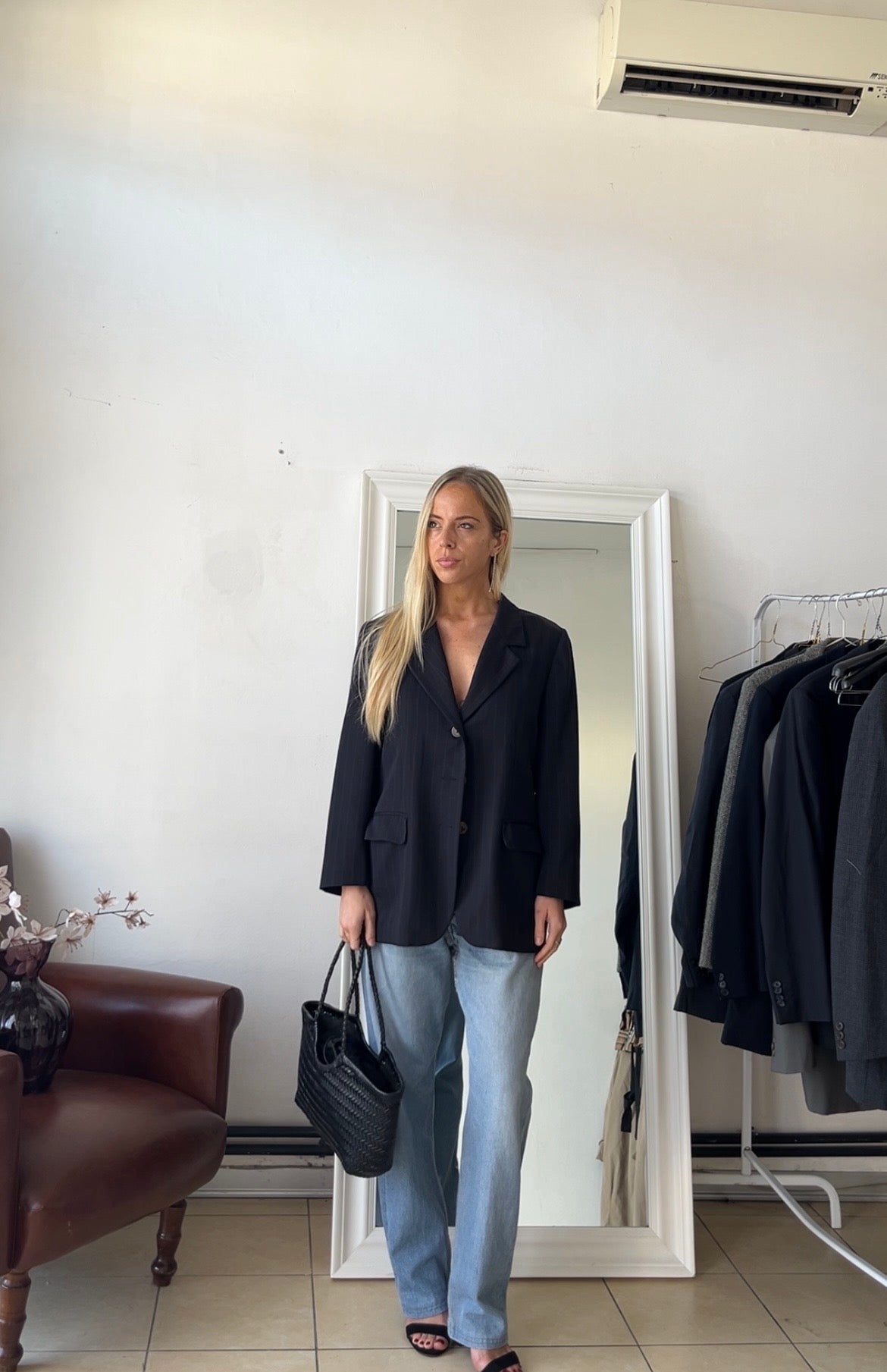 Blazer gessato 100% lana blu scuro slim