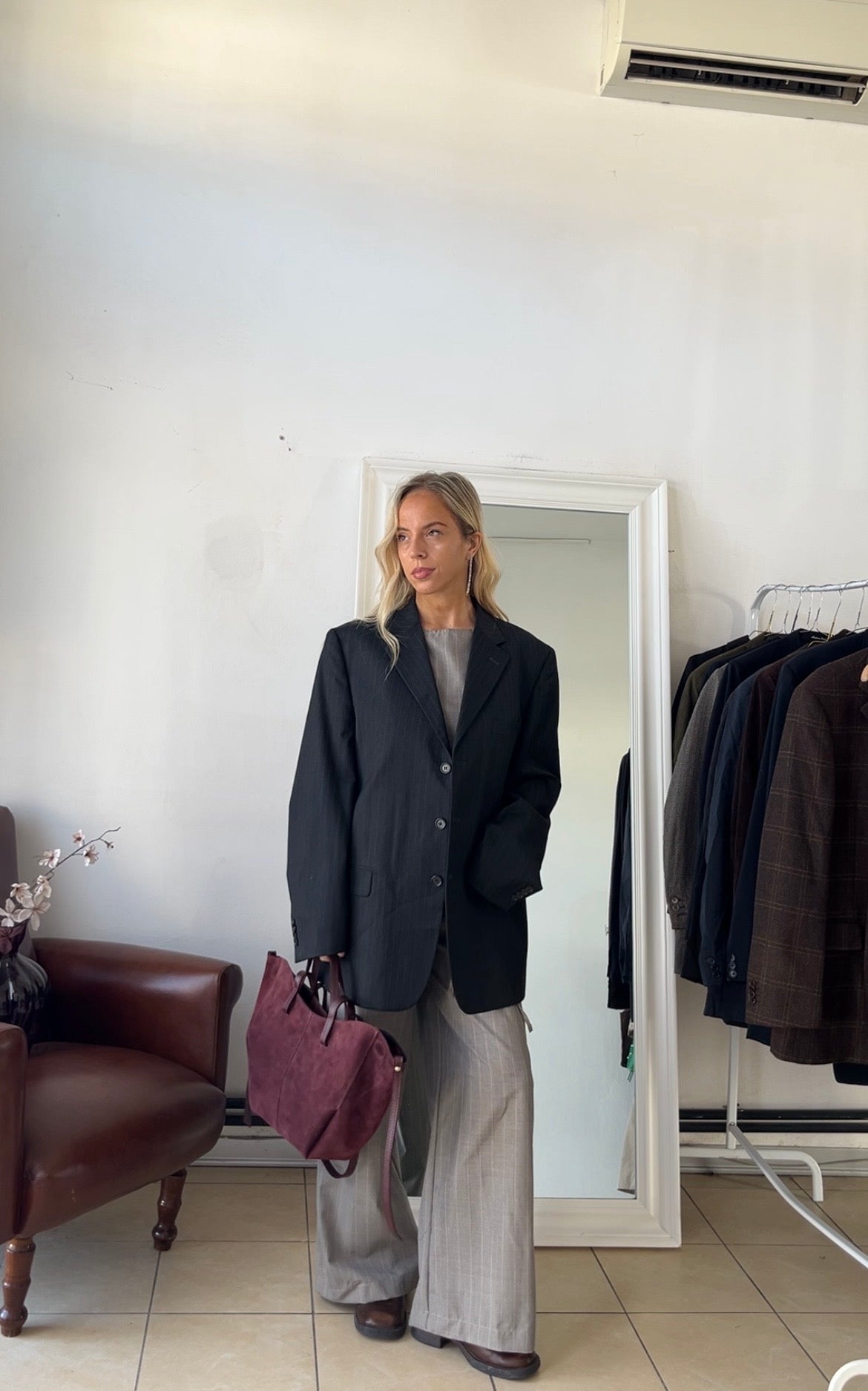 Blazer 55% lana gessato grigio oversize