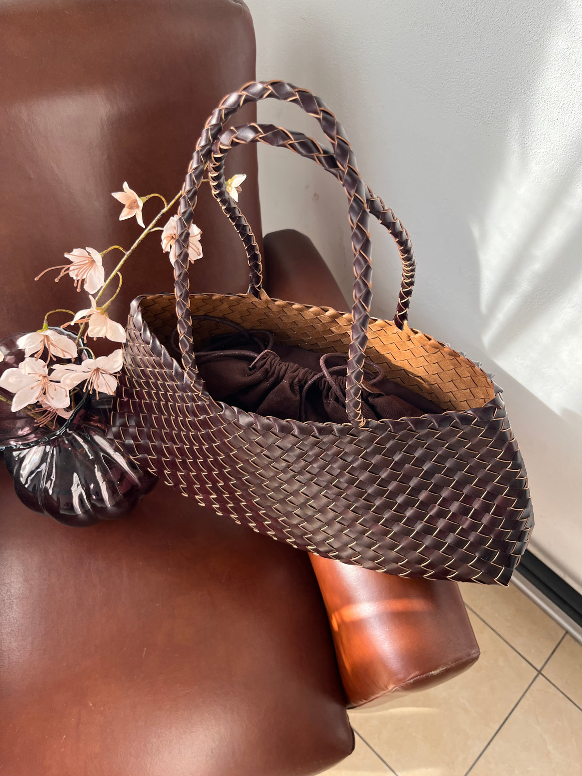 Borsa simil bottega veneta 100% vera pelle cioccolato