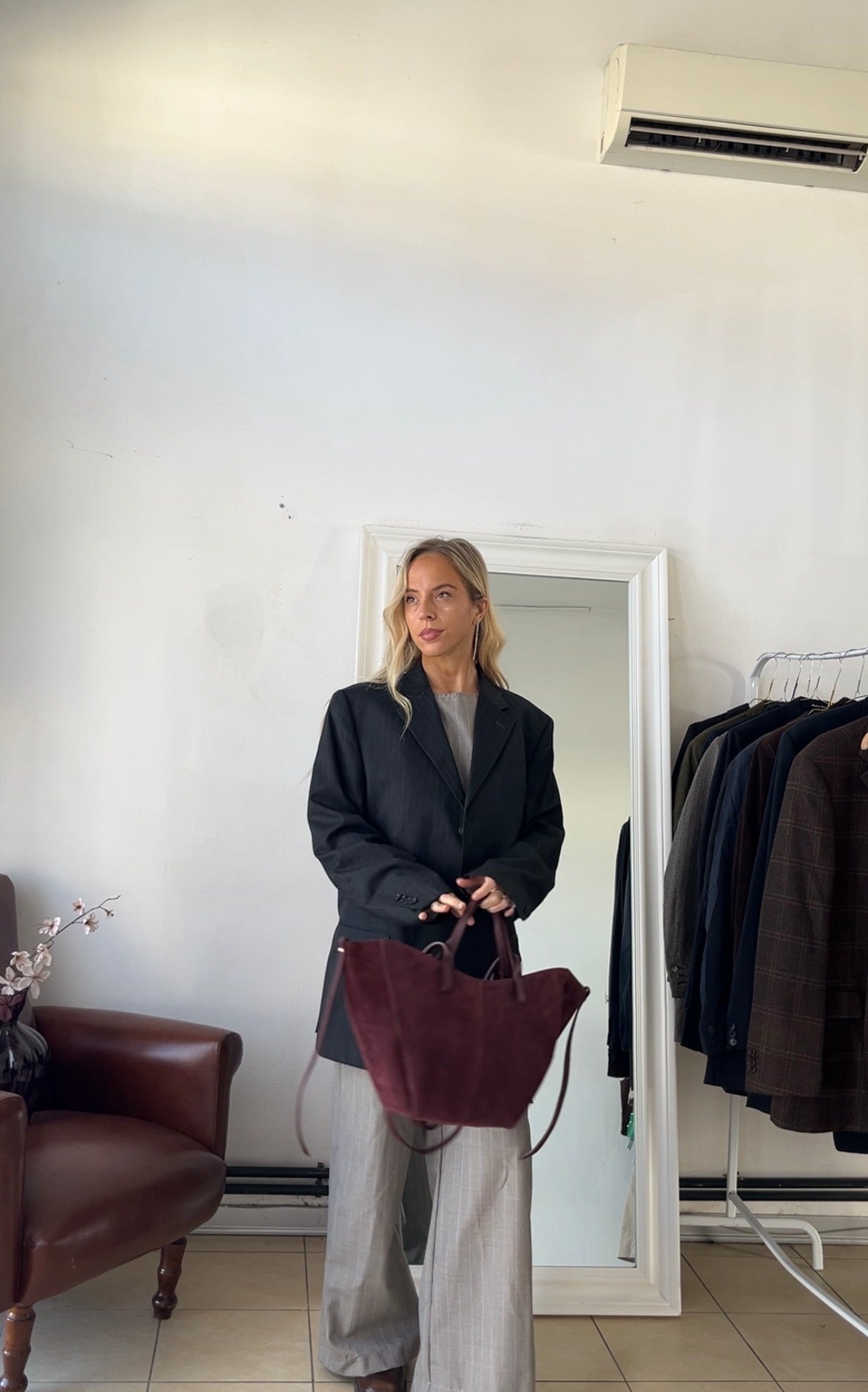 Blazer 55% lana gessato grigio oversize