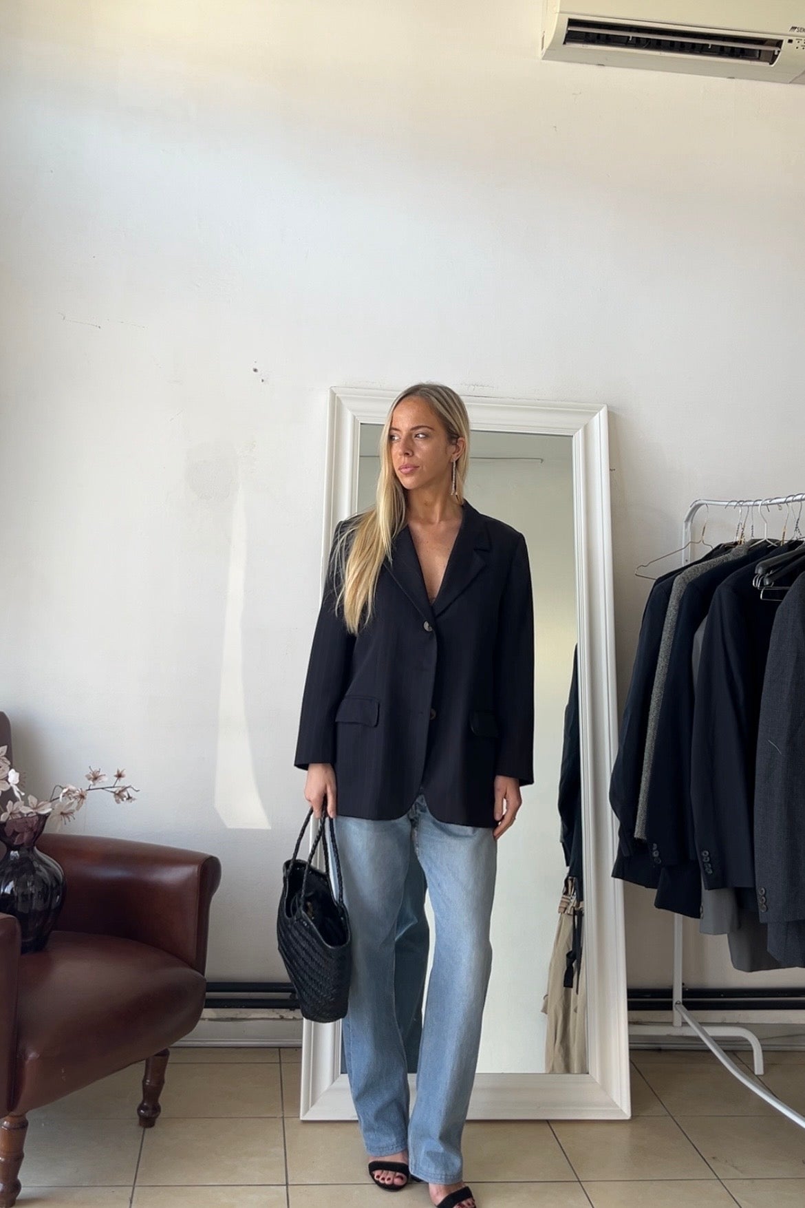 Blazer gessato 100% lana blu scuro slim