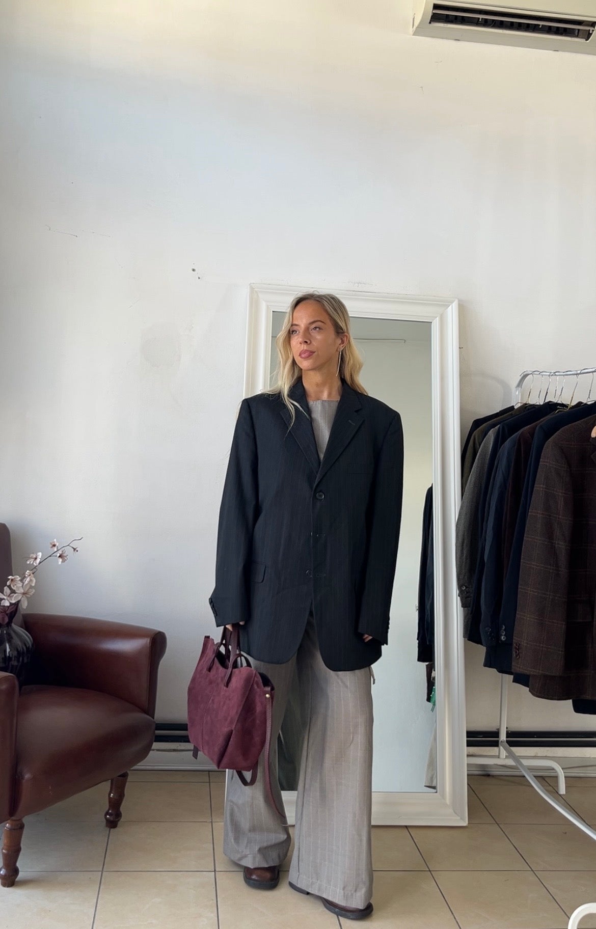 Blazer 55% lana gessato grigio oversize