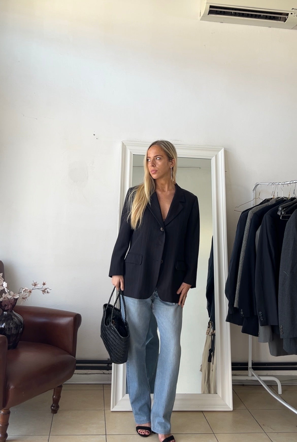 Blazer gessato 100% lana blu scuro slim