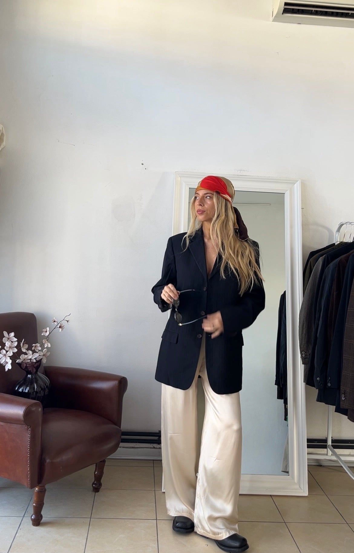 Blazer 100% lana oversize blu scuro gessato