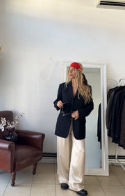 Blazer 100% lana oversize blu scuro gessato