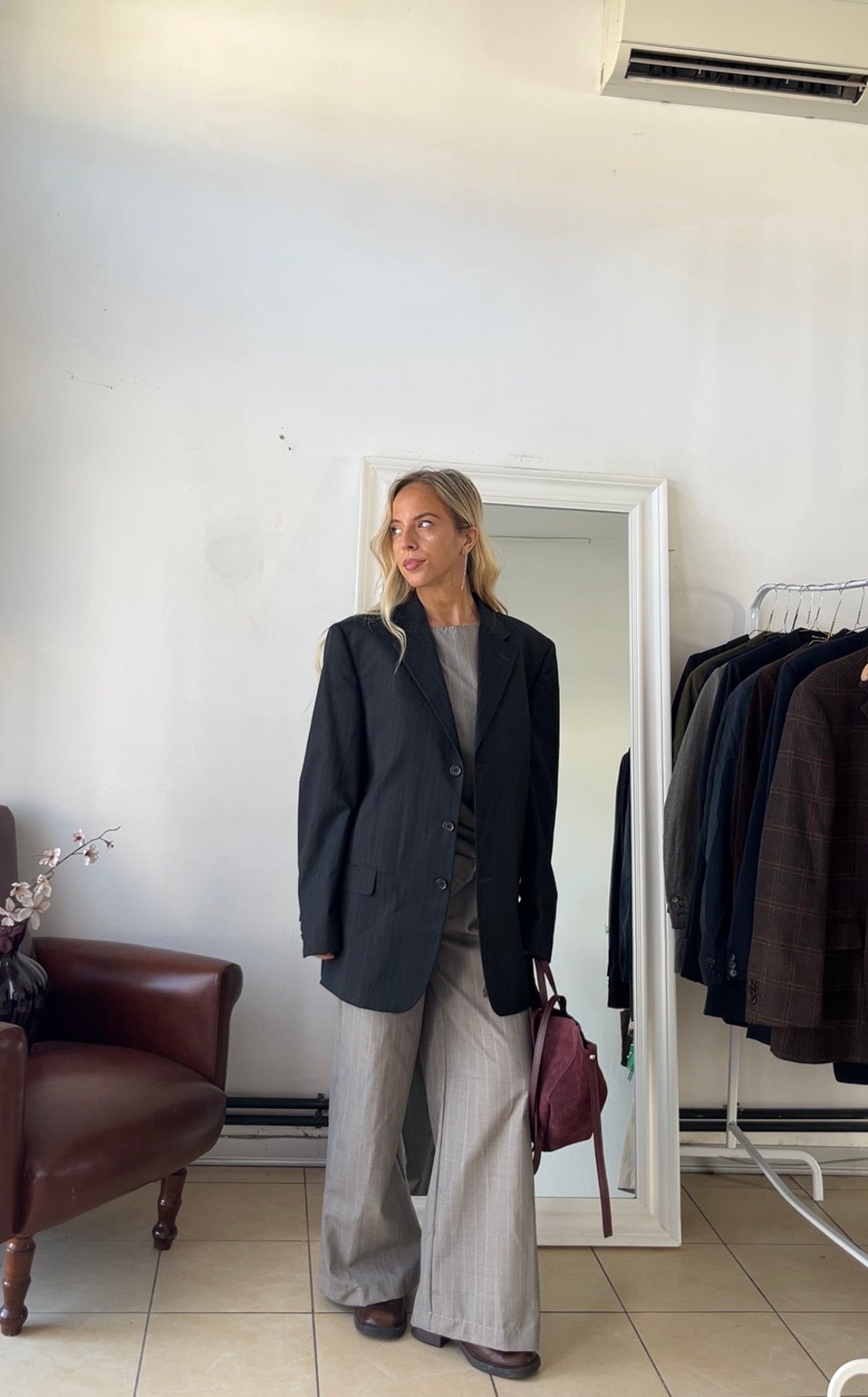 Blazer 55% lana gessato grigio oversize